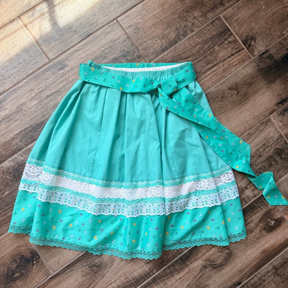 Little House Creations VTG 70s Prairie Floral Lace Midi Sash‎ Skirt, Turquoise,S